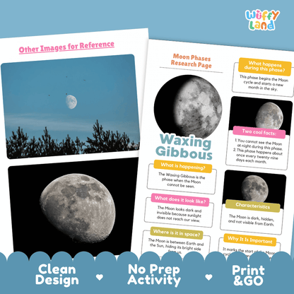 Waxing Gibbous Moon Solar System Research Project Worksheets and Fact Sheet