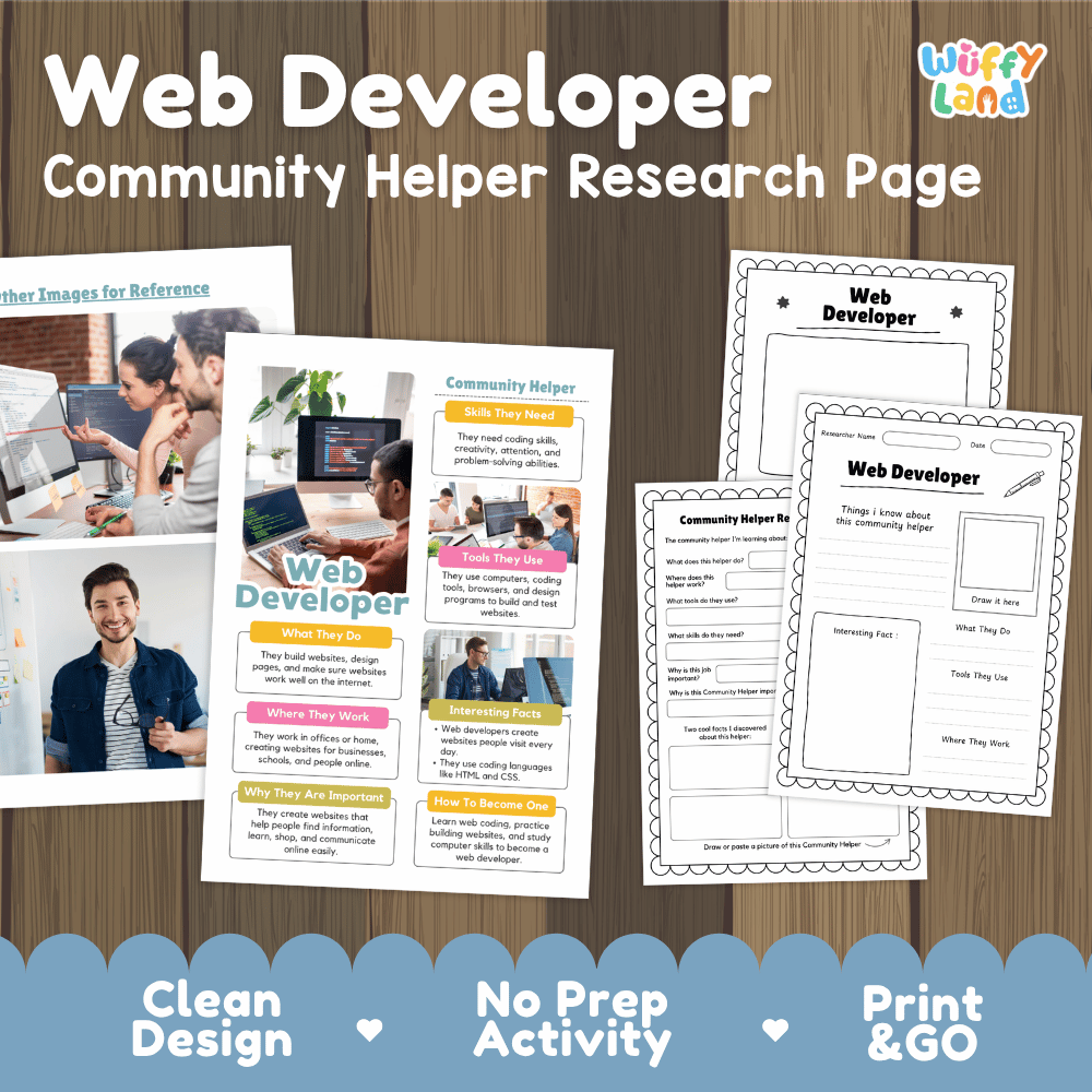 Web developer community helper research page writing worksheets pack featuring real photos and student activity pages for elementary social studies and STEM