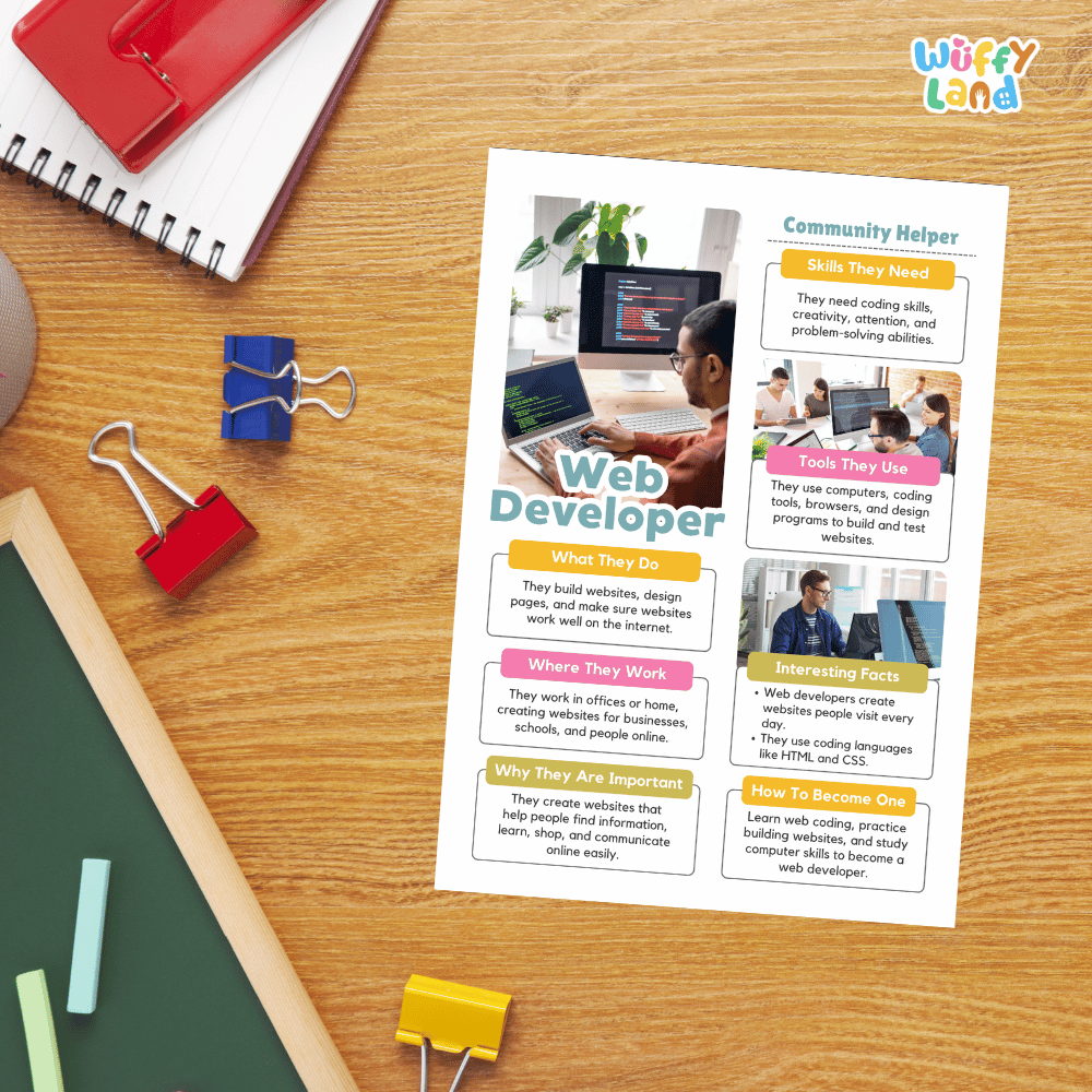 Guided student writing worksheets with lined sections for recording facts and a dedicated box for drawing or pasting a picture of a web developer