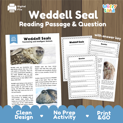 Digital reading activity bundle for 'Weddell Seal Reading Passage & Question' by Wiffly Land, featuring a sample passage, worksheet pages, and a question sheet displayed on a wood background with promotional text at the bottom.