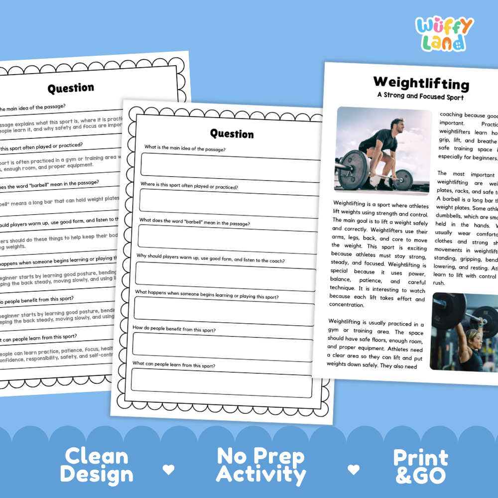 Weightlifting Sports Reading Passages and Comprehension Questions Worksheets