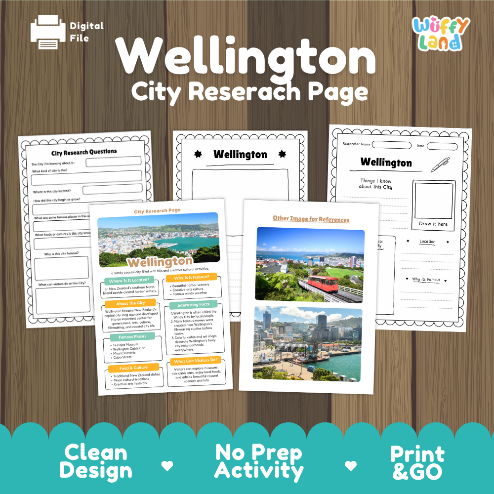 Digital worksheet bundle cover for a Wellington City Research Page activity, shown on a wood background with sample printable pages and a teal banner reading Clean Design, No Prep Activity, Print & Go. Brand logo 'Wiffly Land' appears in the top right.