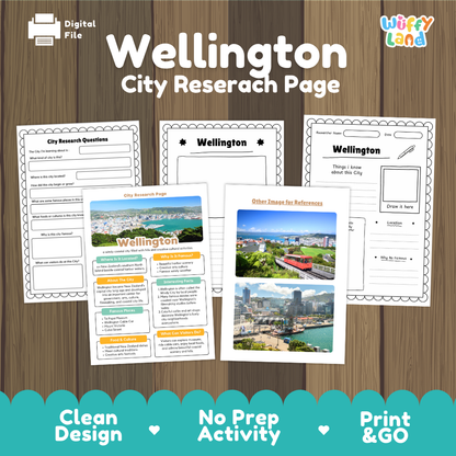 Digital worksheet bundle cover for a Wellington City Research Page activity, shown on a wood background with sample printable pages and a teal banner reading Clean Design, No Prep Activity, Print & Go. Brand logo 'Wiffly Land' appears in the top right.