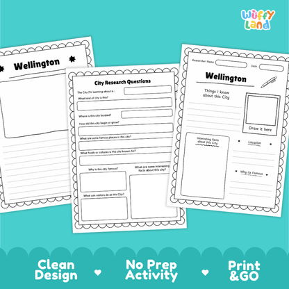 Three printable worksheet pages for a city research activity about Wellington, shown on a bright aqua background with the text 'Clean Design', 'No Prep Activity', and 'Print & GO'. The worksheets are black-and-white with lined writing areas, question prompts, and a drawing box.