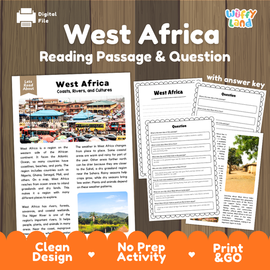 West Africa reading comprehension passage and questions printable activity pack with answer key for elementary students
