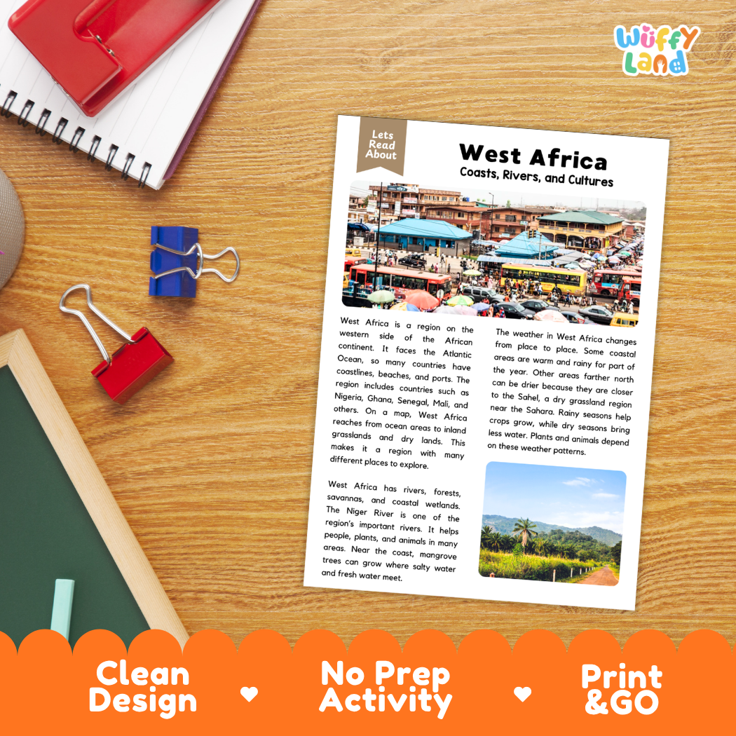Student reading comprehension worksheet with short-answer questions and lined sections about West Africa geography