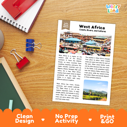 Student reading comprehension worksheet with short-answer questions and lined sections about West Africa geography