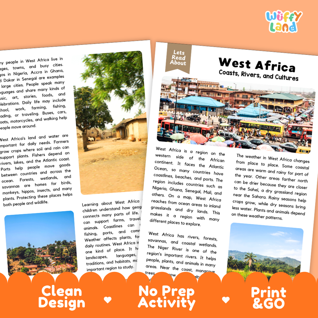 Teacher answer key page showing complete question solutions for West Africa reading comprehension practice