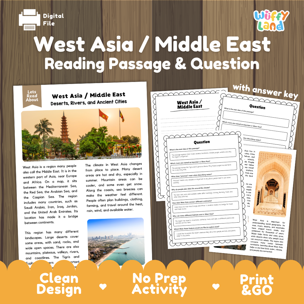 West Asia and Middle East reading comprehension passage and questions printable activity pack with answer key for elementary students