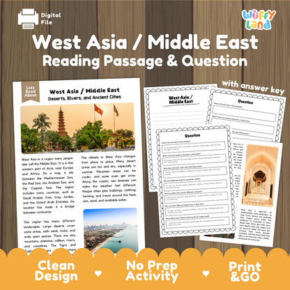 West Asia and Middle East reading comprehension passage and questions printable activity pack with answer key for elementary students