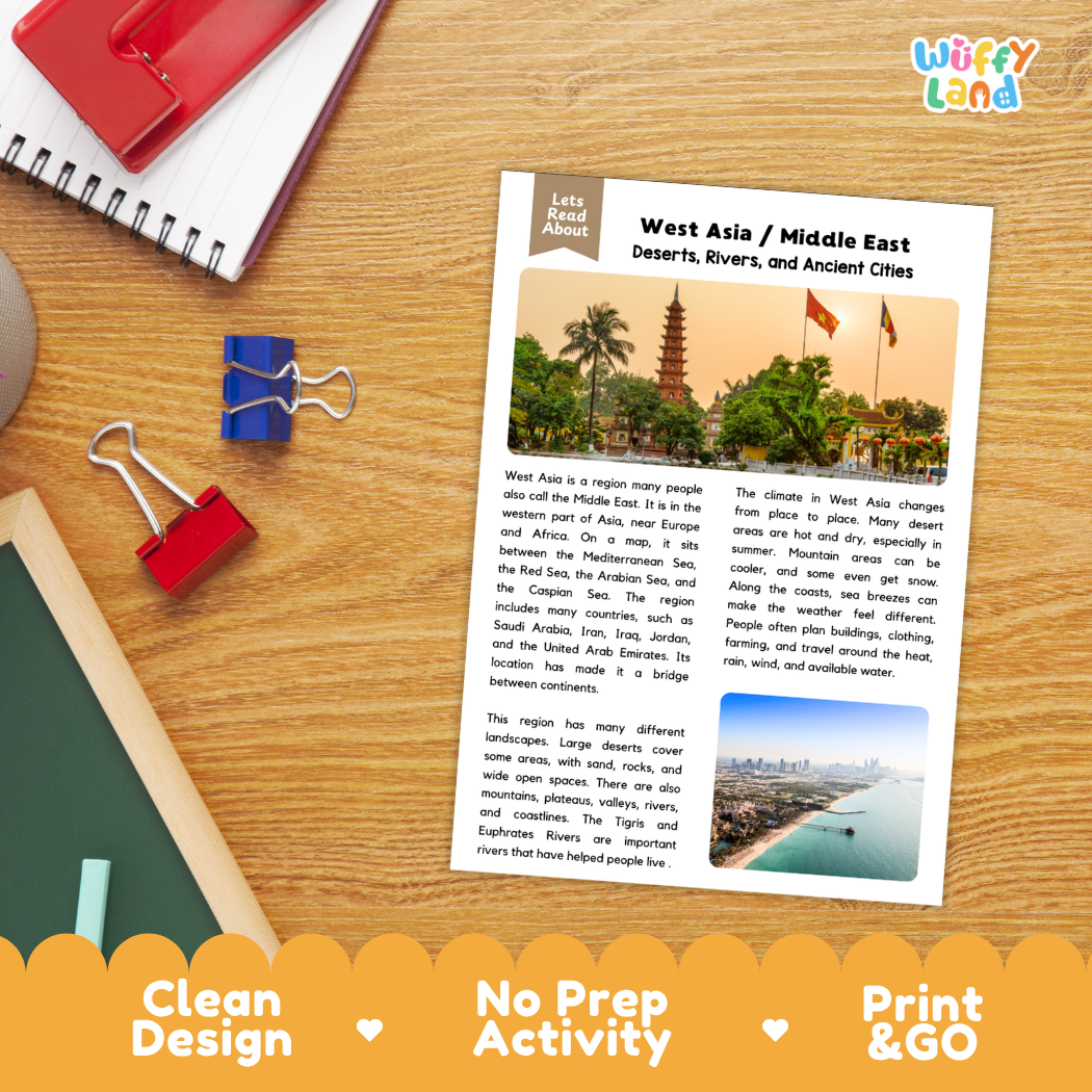 Student reading comprehension worksheet with short-answer questions and lined sections about West Asia and the Middle East