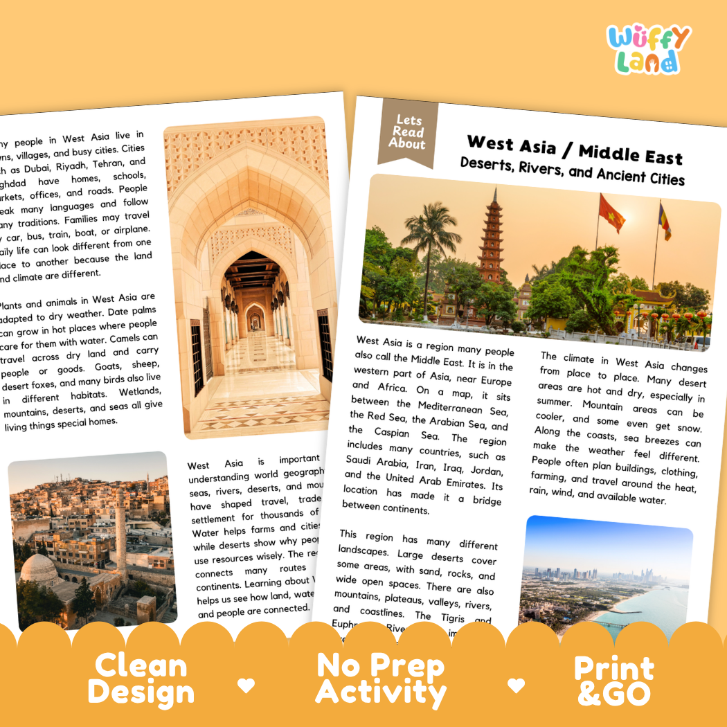 Teacher answer key page showing complete question solutions for West Asia and Middle East geography social studies reading comprehension practice
