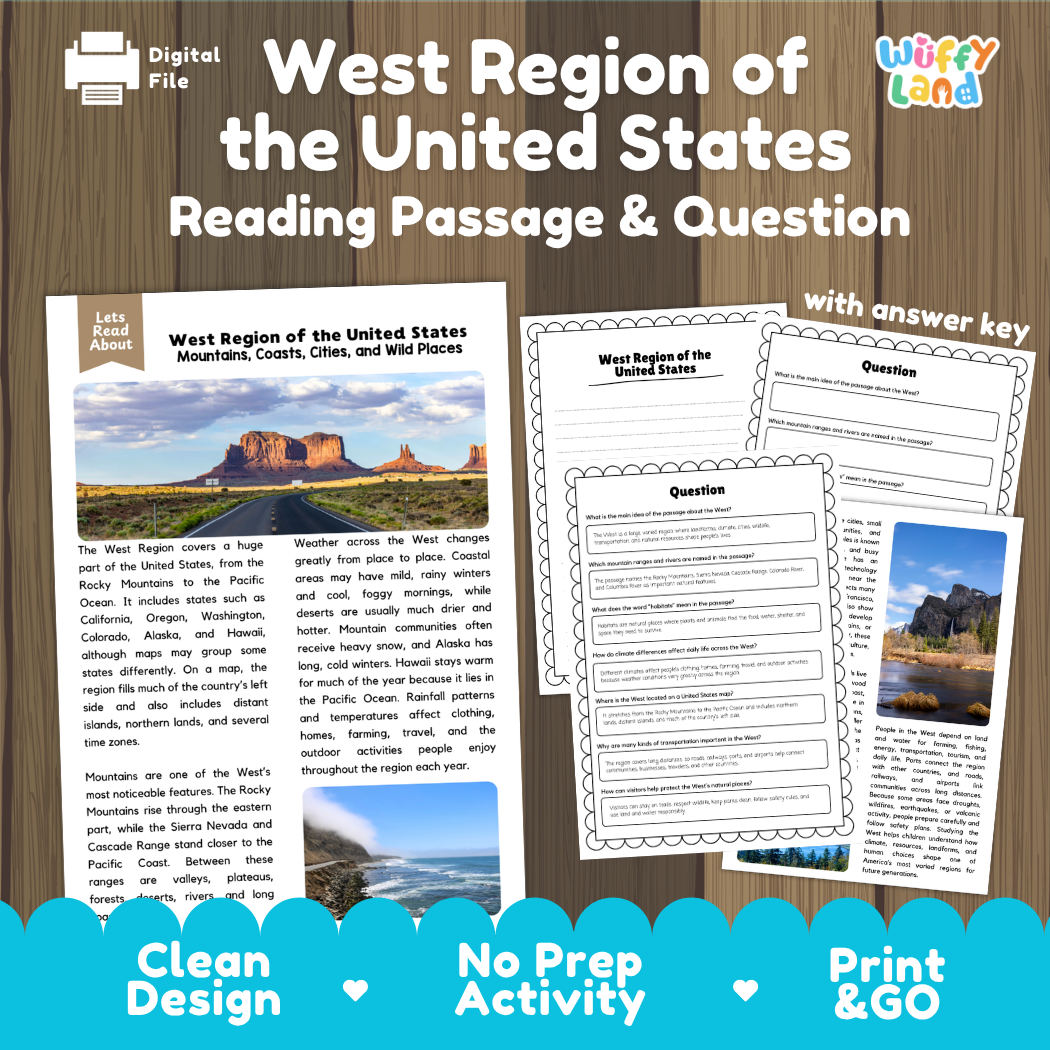 West Region of the United States reading comprehension passage and questions printable activity pack with answer key for elementary students