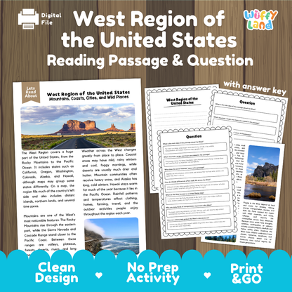 West Region of the United States reading comprehension passage and questions printable activity pack with answer key for elementary students