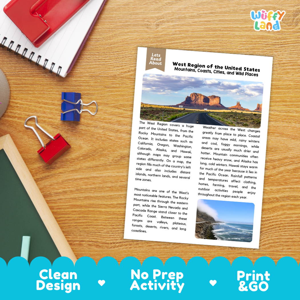 Student reading comprehension worksheet with short-answer questions and lined sections about the West region of the United States