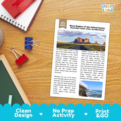 Student reading comprehension worksheet with short-answer questions and lined sections about the West region of the United States