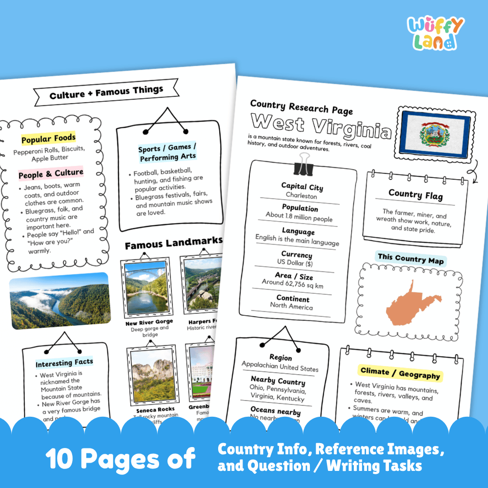 West Virginia Country Research Project Worksheets and Activity Pages