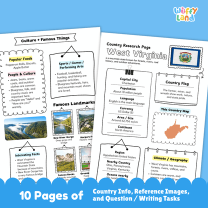 West Virginia Country Research Project Worksheets and Activity Pages
