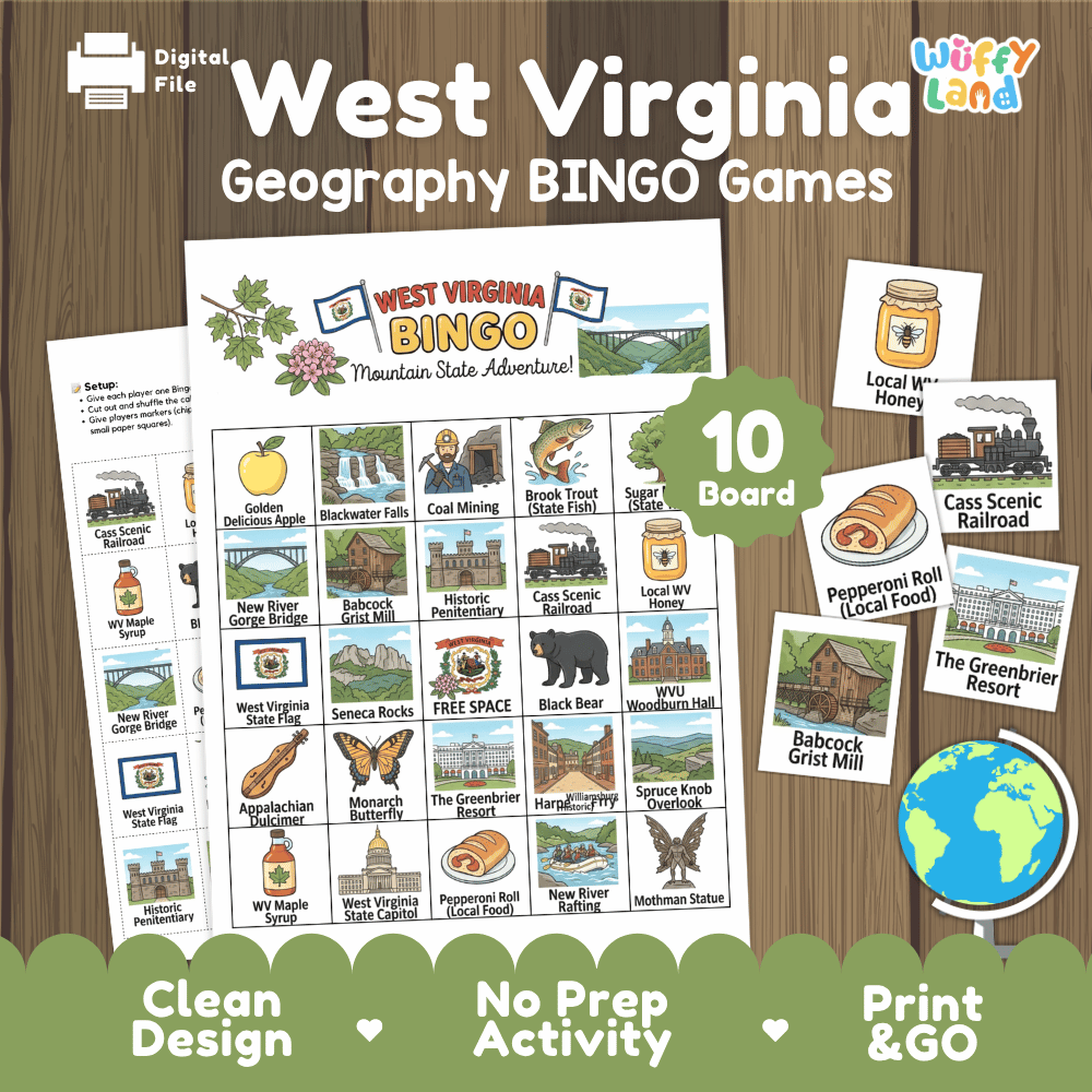 West Virginia Geography BINGO Game Mountain State Activity Printable Boards
