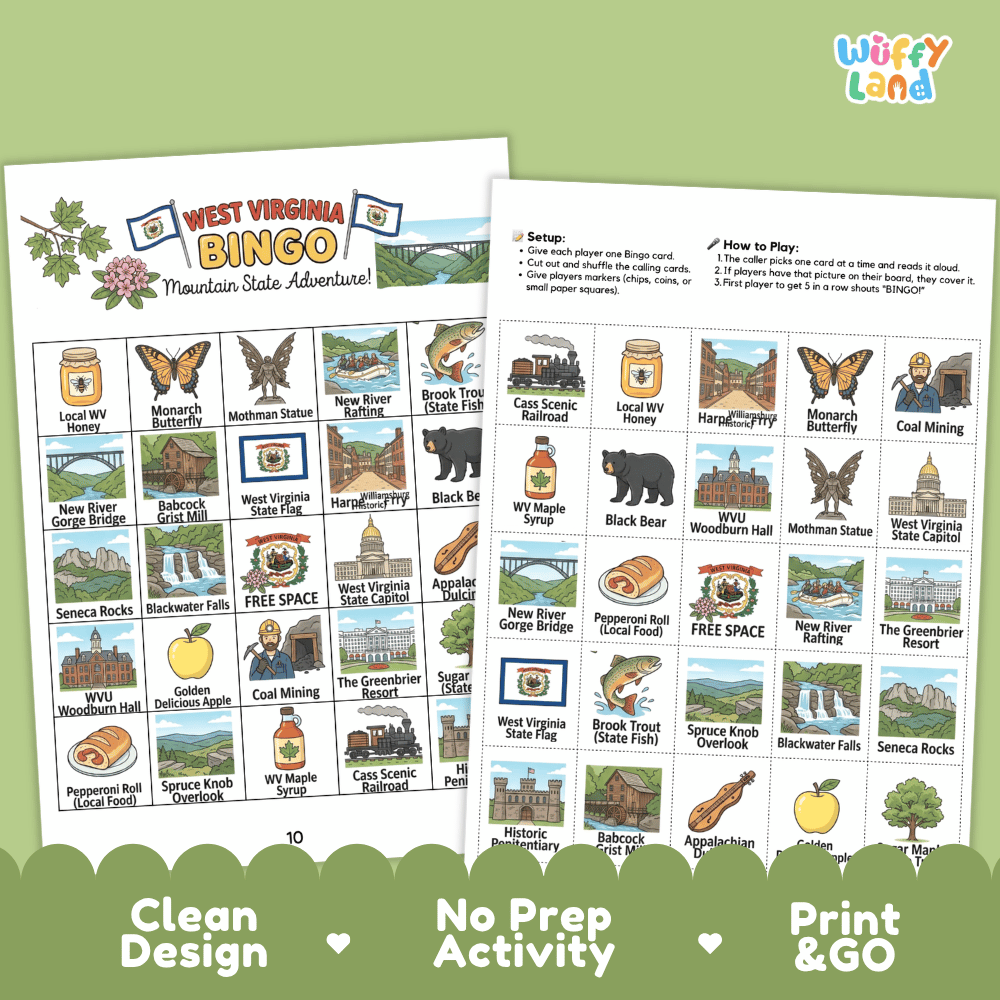 West Virginia Geography BINGO Game Mountain State Activity Printable Boards
