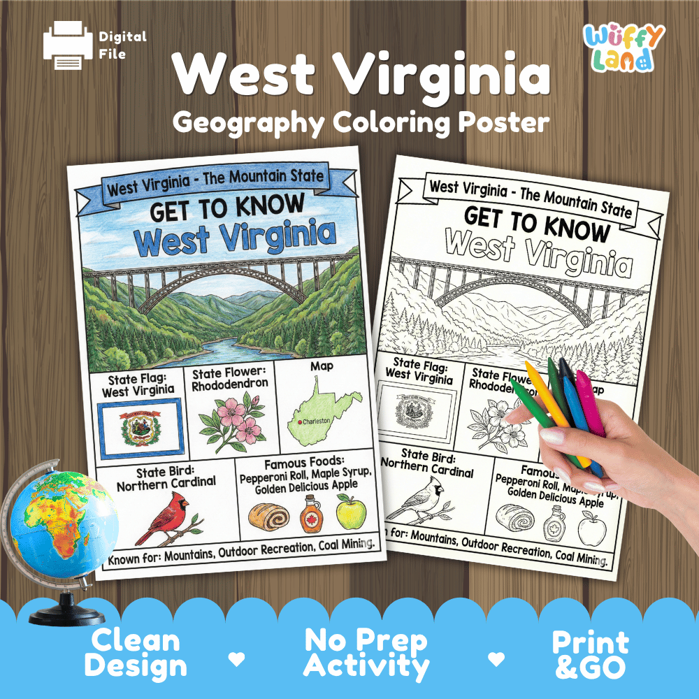 West Virginia State Geography Coloring Poster and Activity Worksheet