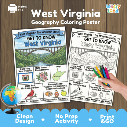 West Virginia State Geography Coloring Poster and Activity Worksheet