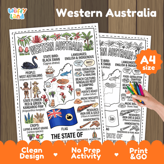 Western Australia state study doodle style coloring poster printable page featuring map, black swan, and state emblems