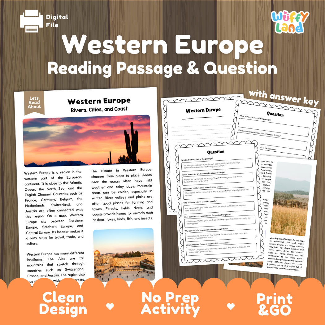 Western Europe reading comprehension passage and questions printable activity pack with answer key for elementary students