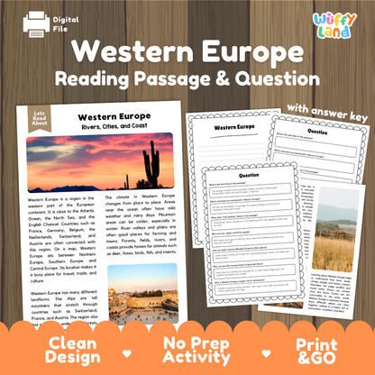 Western Europe reading comprehension passage and questions printable activity pack with answer key for elementary students