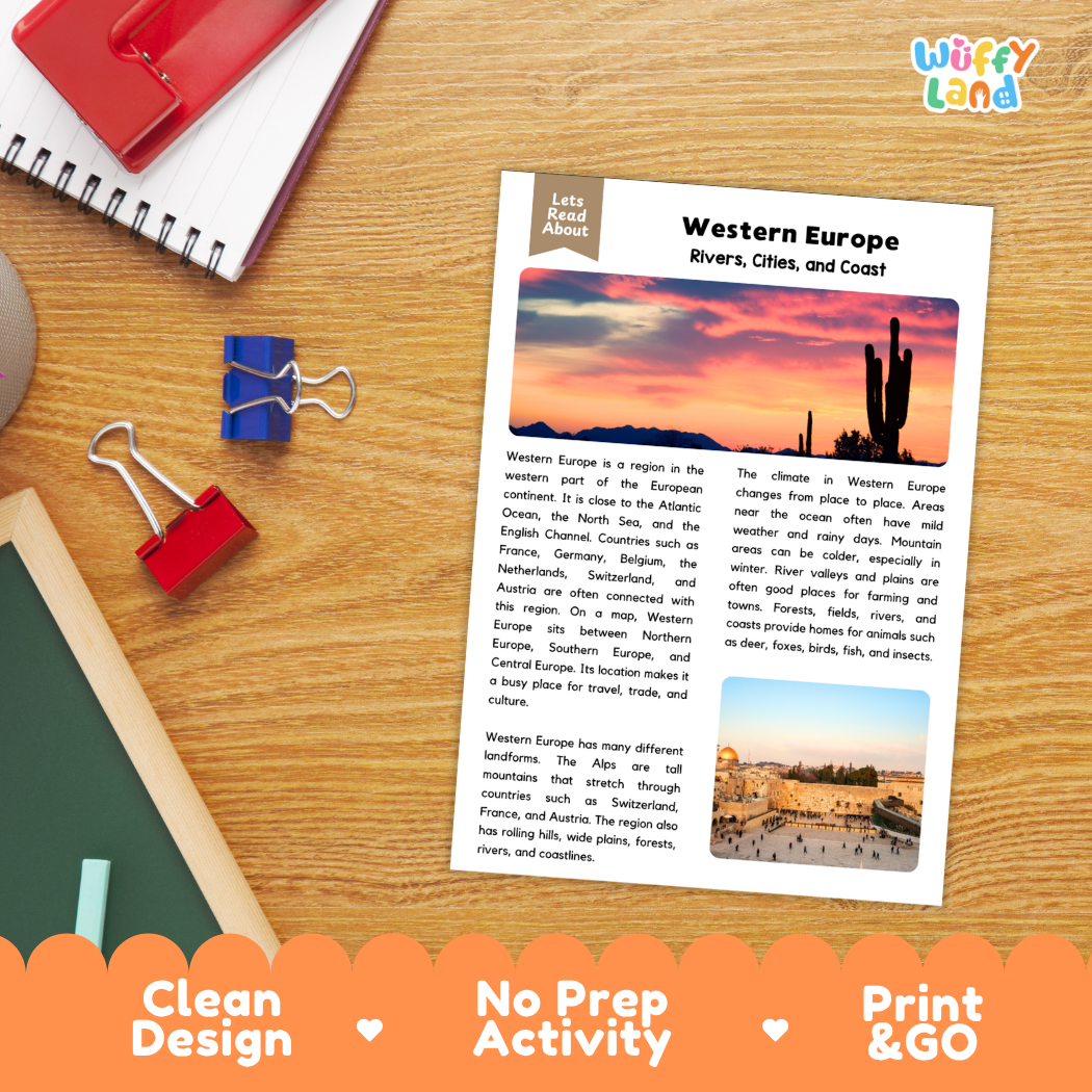 Student reading comprehension worksheet with short-answer questions and lined sections about Western Europe geography