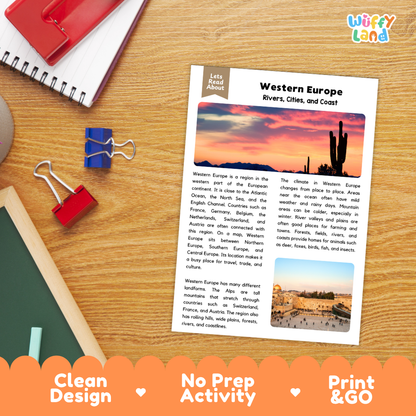 Student reading comprehension worksheet with short-answer questions and lined sections about Western Europe geography