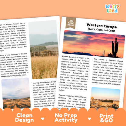 Teacher answer key page showing complete question solutions for Western Europe social studies reading comprehension practice