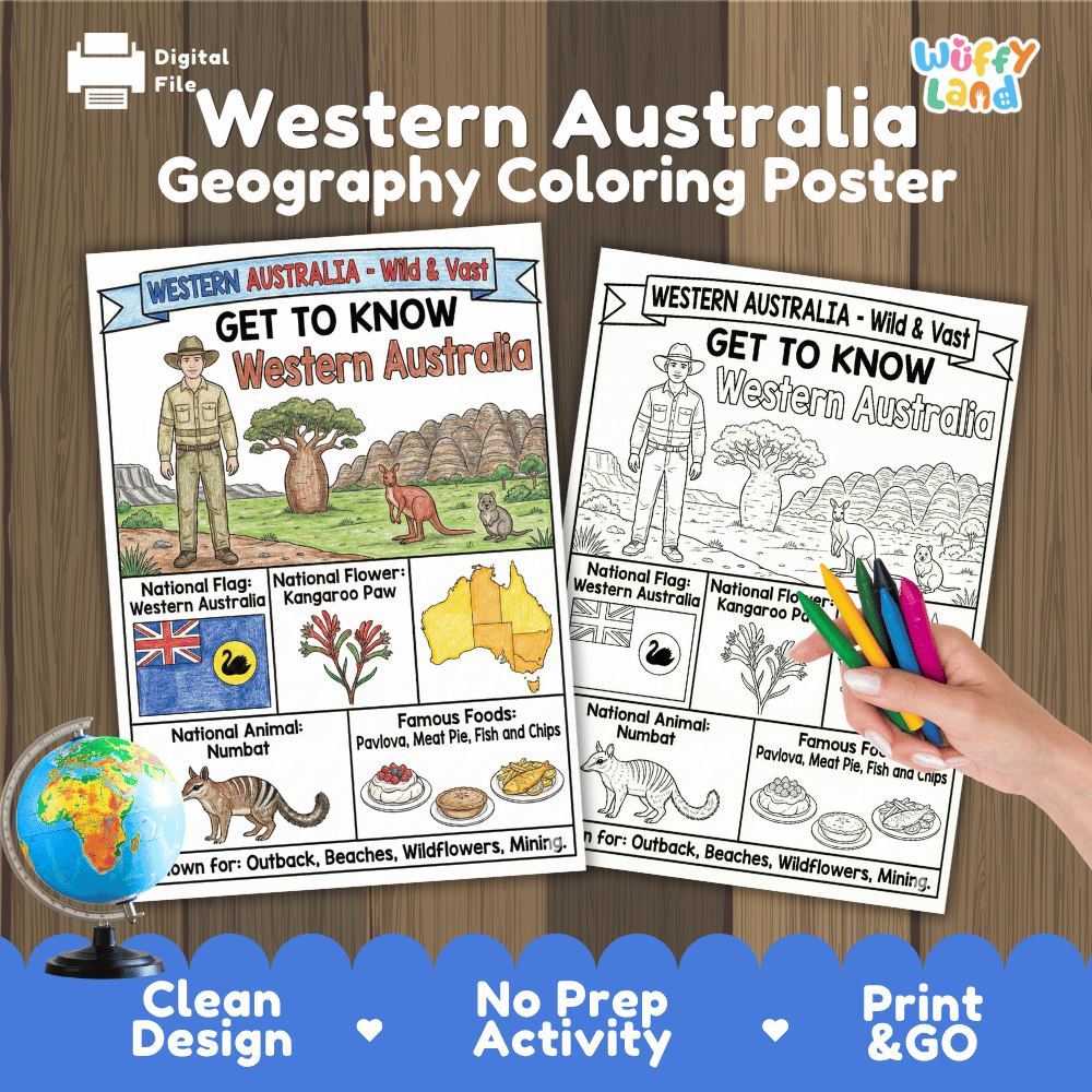 Western Australia Geography Coloring Poster | Australia State Study Research Worksheet Activity