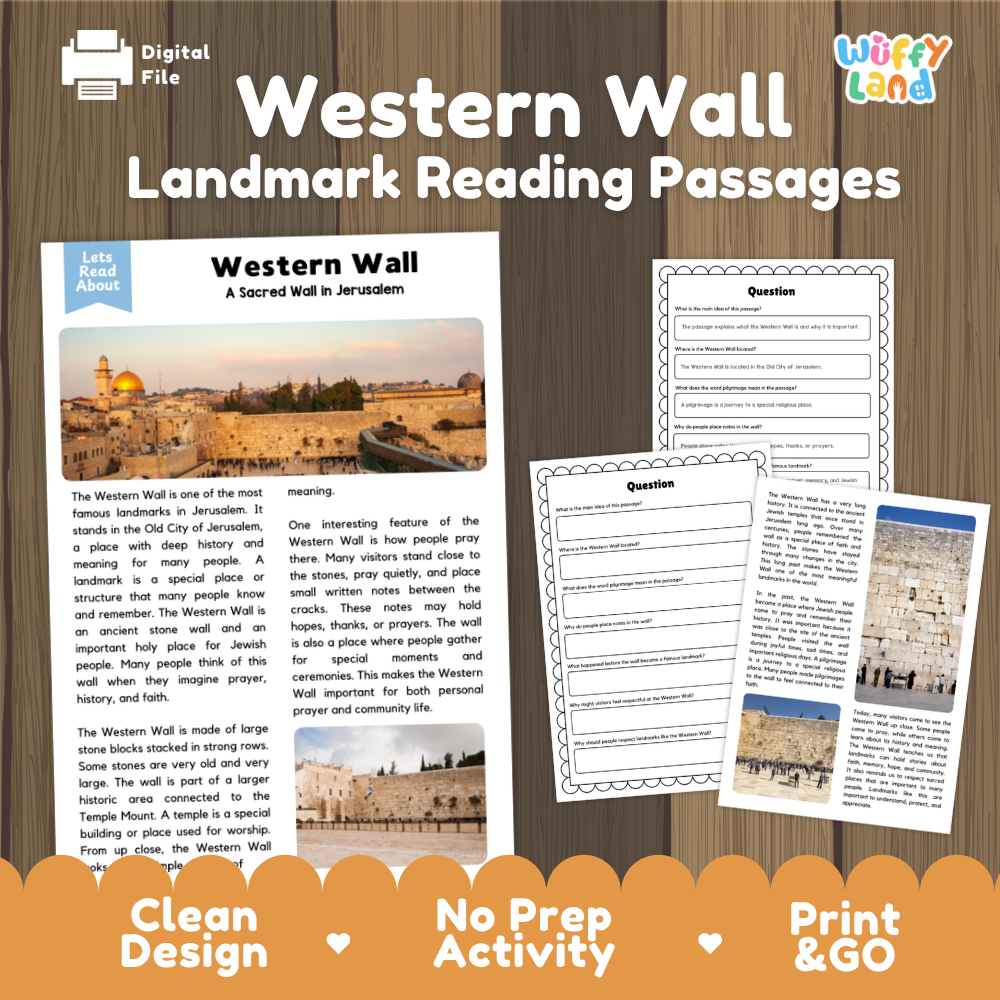 A digital printable activity sheet titled 'Western Wall Landmark Reading Passages' shown on a wood-textured background. The design includes a sample reading page about the Western Wall in Jerusalem, a worksheet with a map and writing prompts, and an answer key.