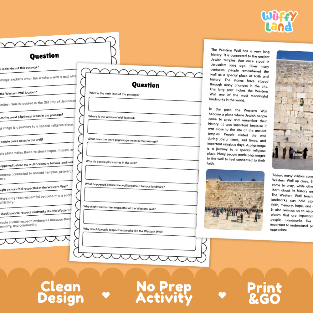 Educational print-and-go activity sheets about the Western Wall in Jerusalem, shown as a clean digital preview with a decorative orange footer reading 'Clean Design', 'No Prep Activity', and 'Print & GO'.