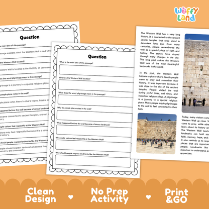 Educational print-and-go activity sheets about the Western Wall in Jerusalem, shown as a clean digital preview with a decorative orange footer reading 'Clean Design', 'No Prep Activity', and 'Print & GO'.