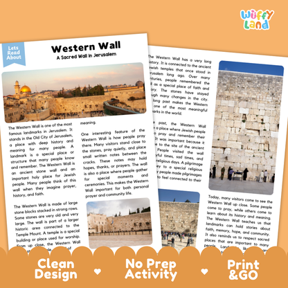 Two printed educational activity sheets about Western Wall in Jerusalem, shown on a light gray background with decorative text reading 'Clean Design,' 'No Prep Activity,' and 'Print & GO.' The sheets contain paragraphs of text, a small map, and activity prompts.