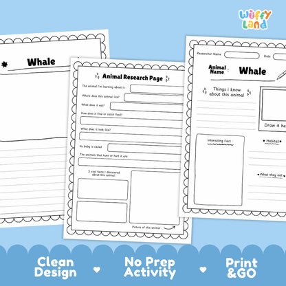 Whale Animal Research Page Worksheets and Fact Sheet Activity