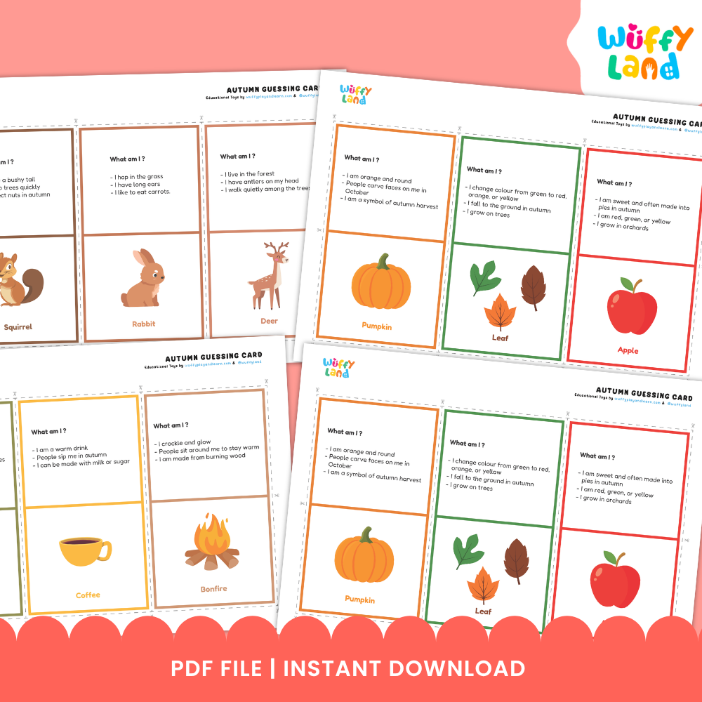 Printable autumn what am I riddle cards with three clue descriptions paired with labeled illustrations for tree umbrella pie sock and deer
