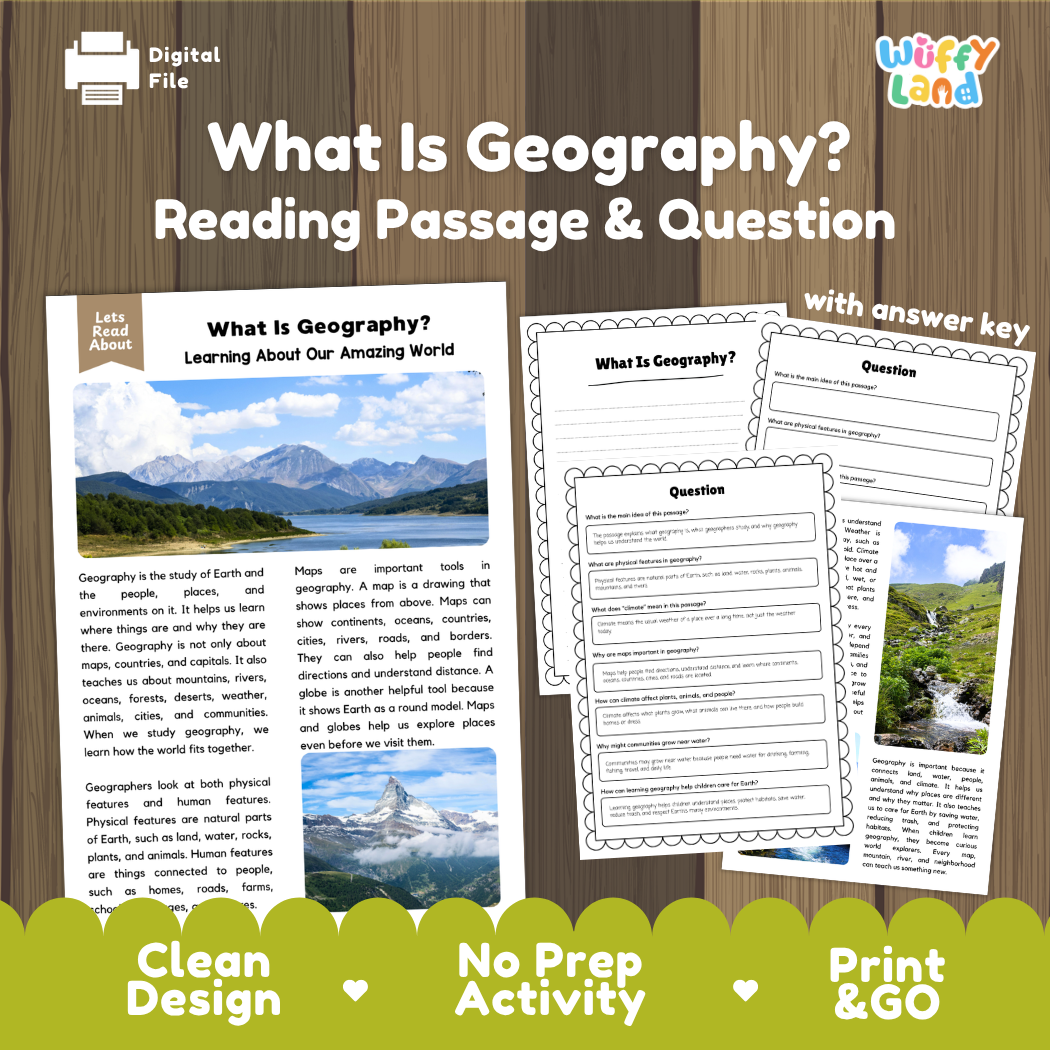 What is geography reading comprehension passage and questions printable activity pack with answer key for elementary students