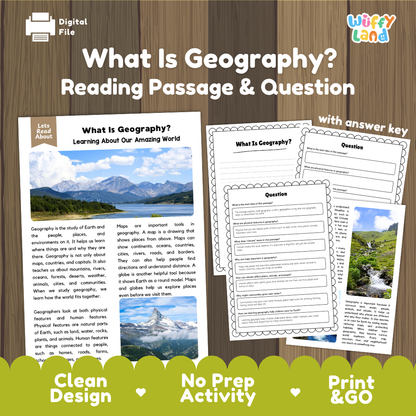 What is geography reading comprehension passage and questions printable activity pack with answer key for elementary students