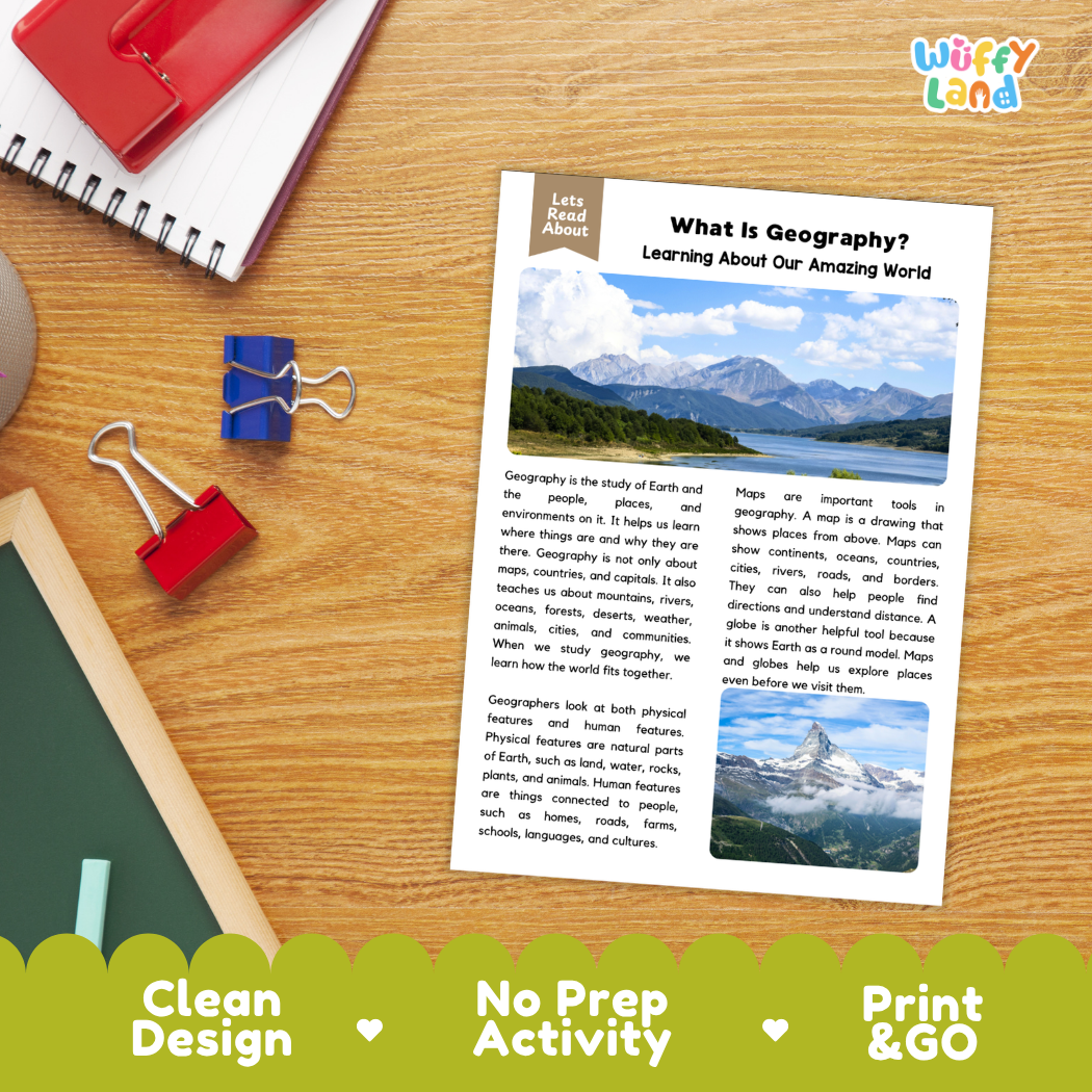 Student reading comprehension worksheet with short-answer questions and lined sections about world geography