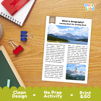Student reading comprehension worksheet with short-answer questions and lined sections about world geography