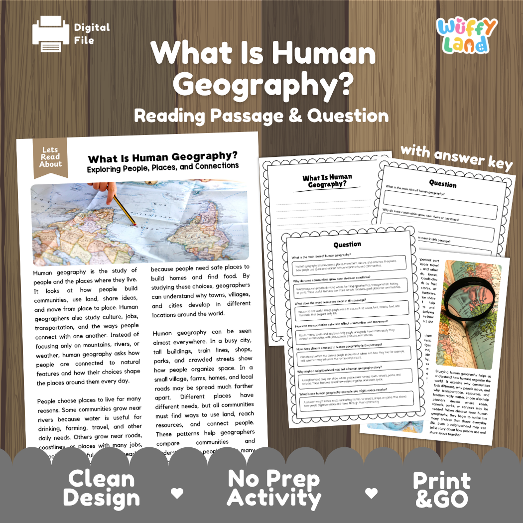 What Is Human Geography reading comprehension passage and questions printable activity pack with answer key for elementary students