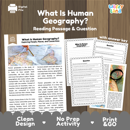 What Is Human Geography reading comprehension passage and questions printable activity pack with answer key for elementary students