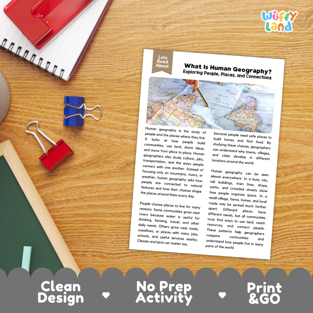 Student reading comprehension worksheet with short-answer questions and lined sections about human geography