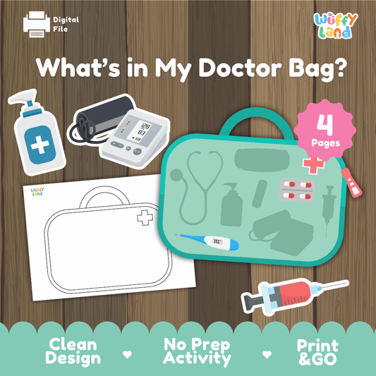What's in my doctor bag printable medical shadow matching and coloring page activity pack overview from Wuffy Land featuring 4 pages 🩺🩹