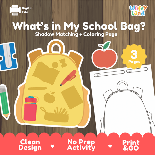 What's in my school bag printable shadow matching and coloring page activity pack overview from Wuffy Land featuring 3 pages 🎒✏️