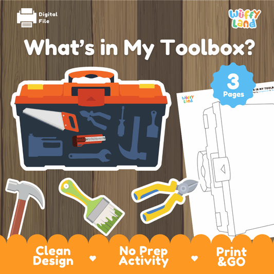 What's in my toolbox printable shadow matching and coloring page activity pack overview from Wuffy Land featuring 3 pages 🧰🔨