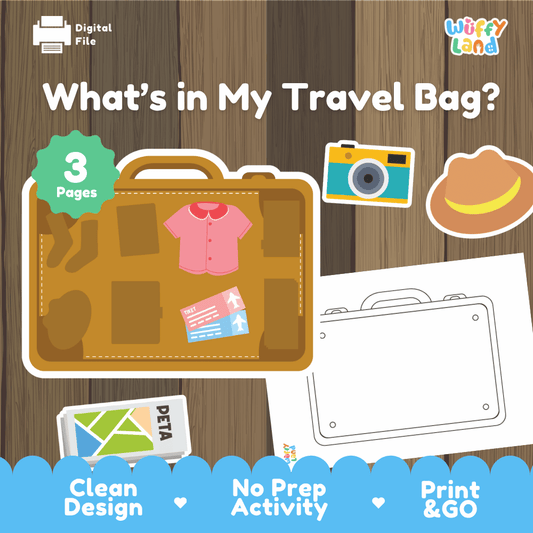 What's in my travel bag printable suitcase shadow matching and coloring page activity pack overview from Wuffy Land featuring 3 pages 🧳✈️